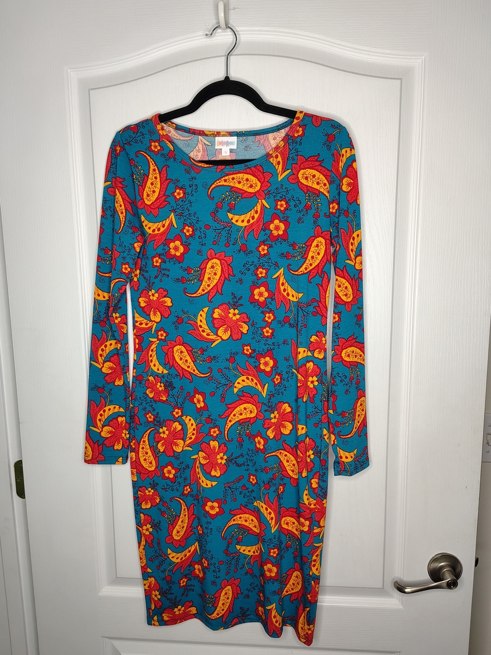 LuLaRoe Julia Dress with Red and Yellow Paisley Floral Print